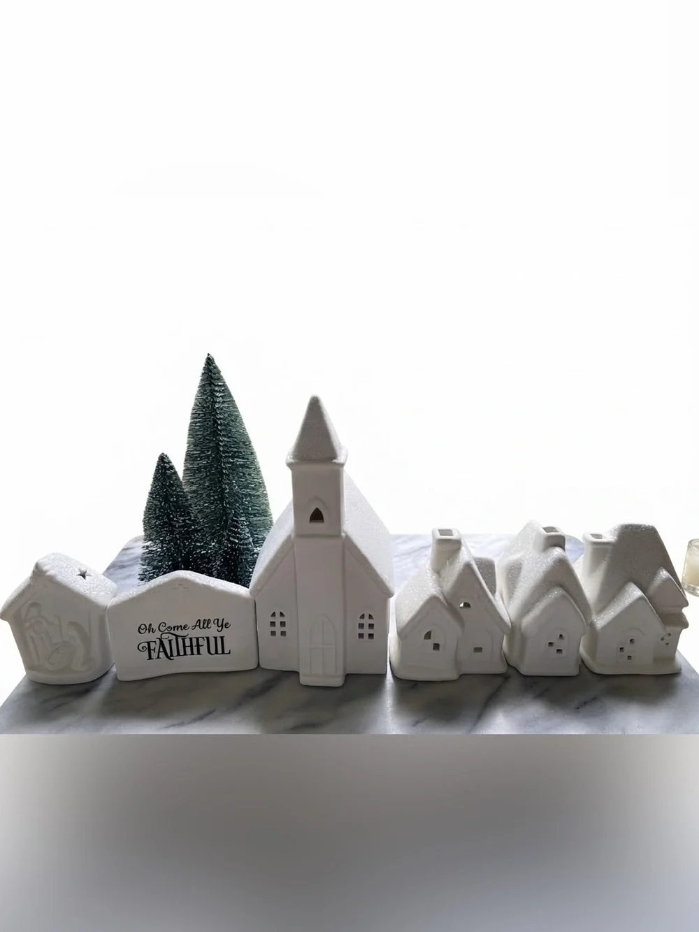 White Ceramic Christmas Village Set O Come All Ye Faithful Light Up 6 bisque pcs